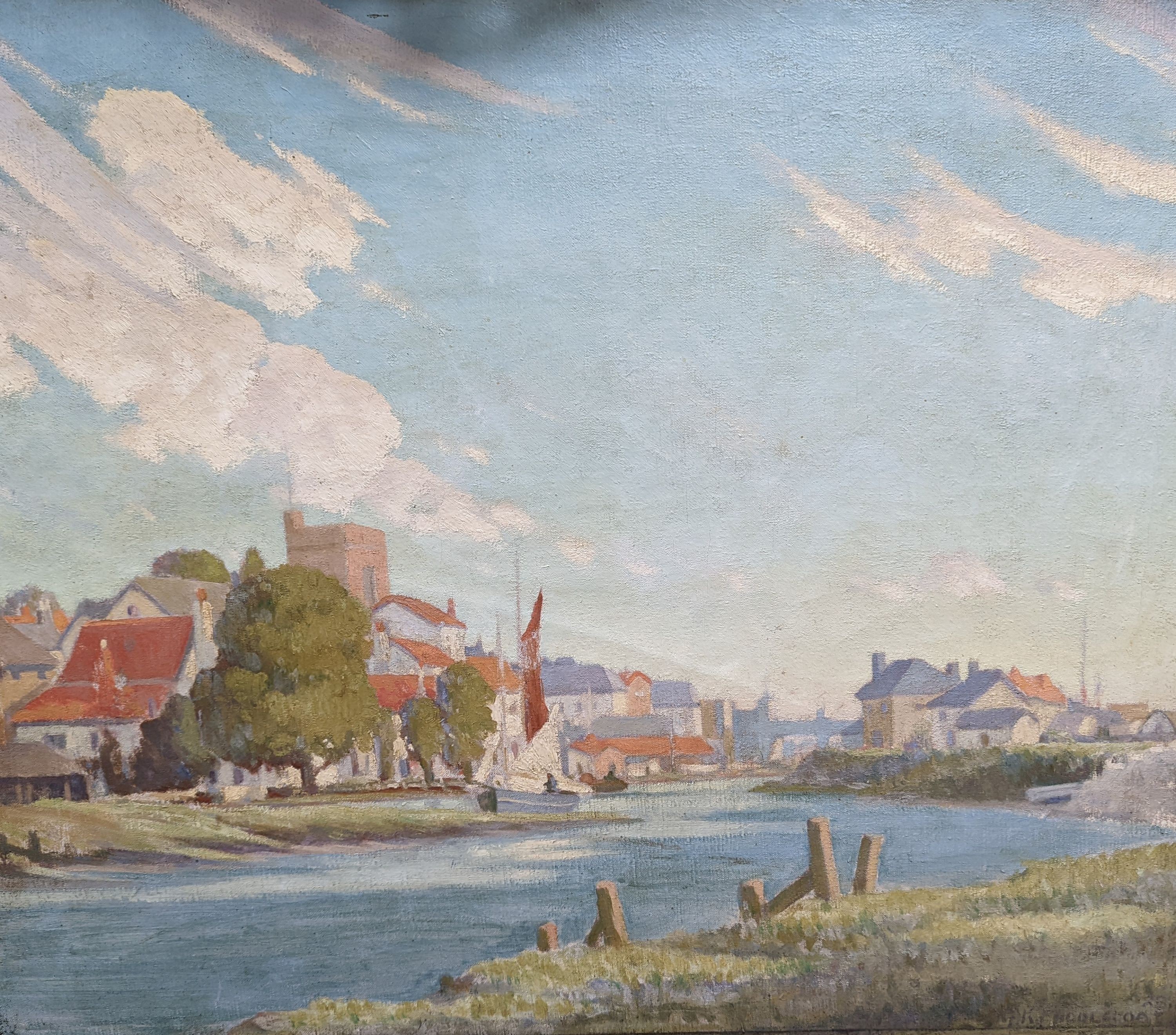 Middlecoat (1890-1959), oil on canvas, Riverside town, signed, 64 x 77cm, unframed